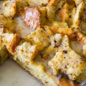 Overnight French Toast Casserole is an easy breakfast casserole recipe made with crusty French bread soaked in an egg mixture flavoured with ground cinnamon, fresh squeezed orange juice and orange zest.