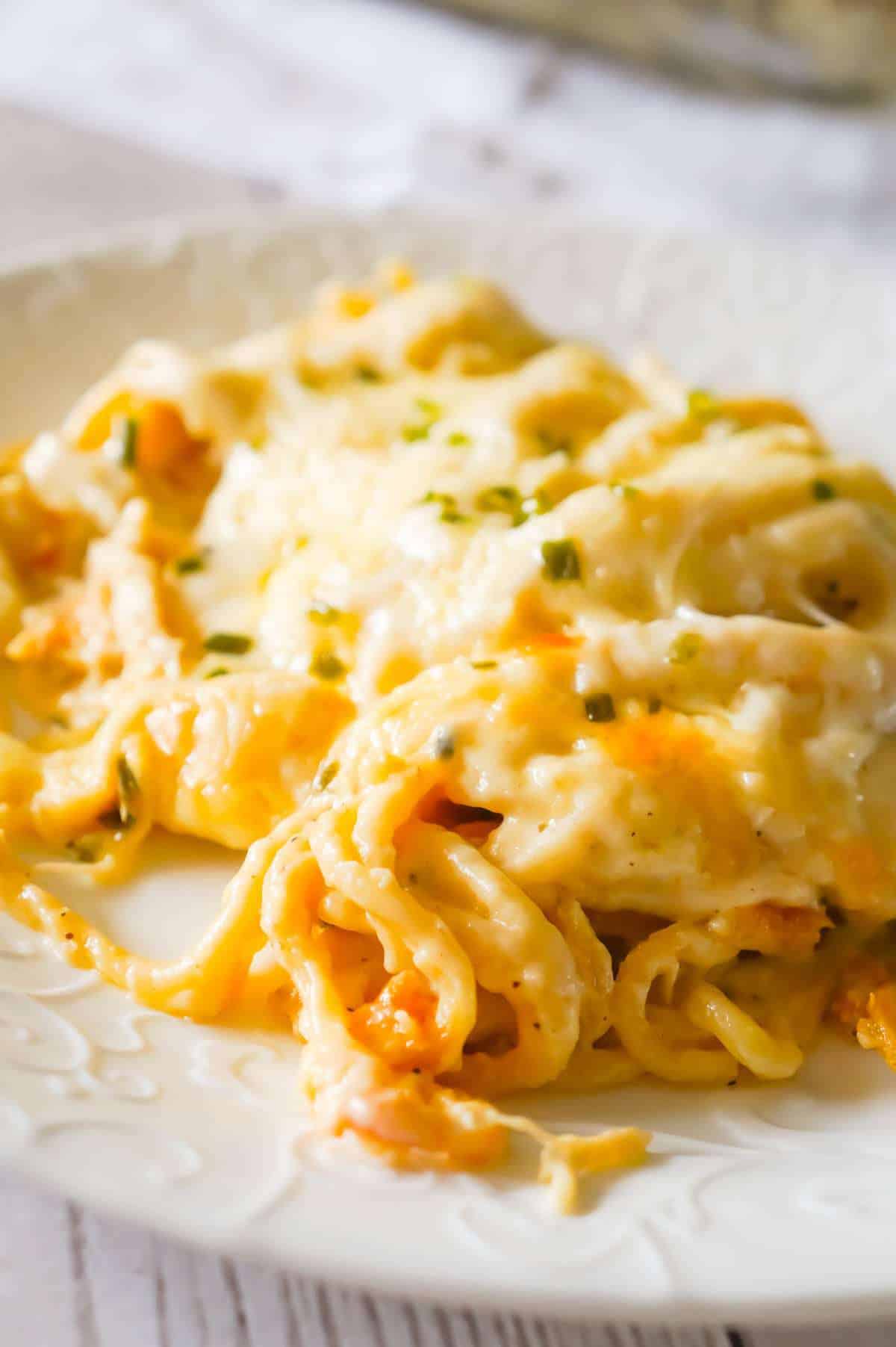 Turkey Tetrazzini is a creamy and cheesy baked pasta recipe perfect for using up leftover Thanksgiving turkey. This creamy spaghetti is loaded with shredded turkey, cream cheese, Parmesan and mozzarella.