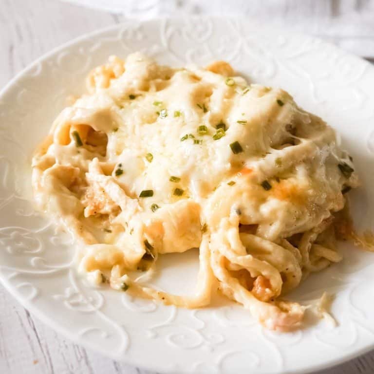 Turkey Tetrazzini is a creamy and cheesy baked pasta recipe perfect for using up leftover Thanksgiving turkey. This creamy spaghetti is loaded with shredded turkey, cream cheese, Parmesan and mozzarella.