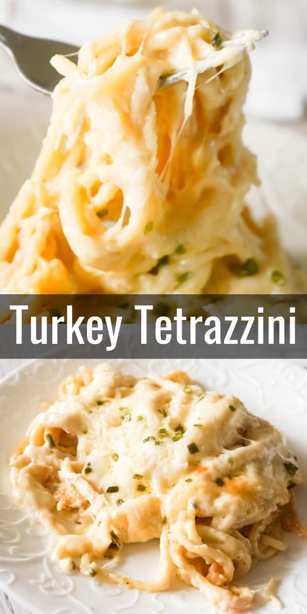 Turkey Tetrazzini is a creamy and cheesy baked pasta recipe perfect for using up leftover Thanksgiving turkey. This creamy spaghetti is loaded with shredded turkey, cream cheese, Parmesan and mozzarella.