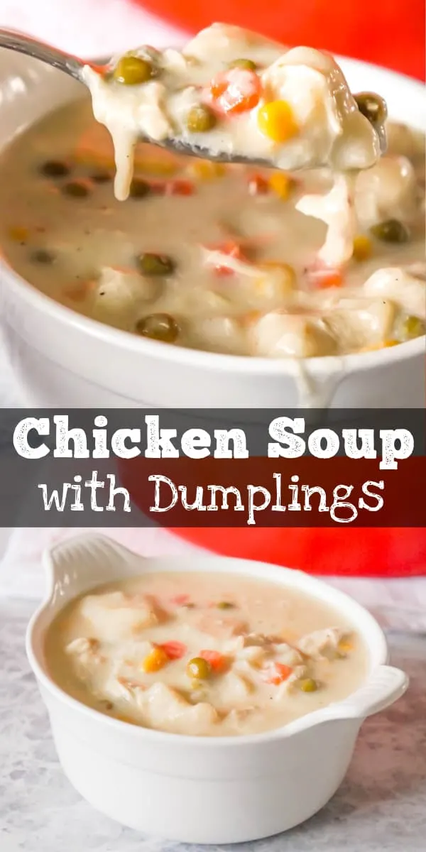 Chicken and Dumplings Soup is a hearty soup recipe using shredded rotisserie chicken, loaded with veggies and Pillsbury biscuit dumplings.