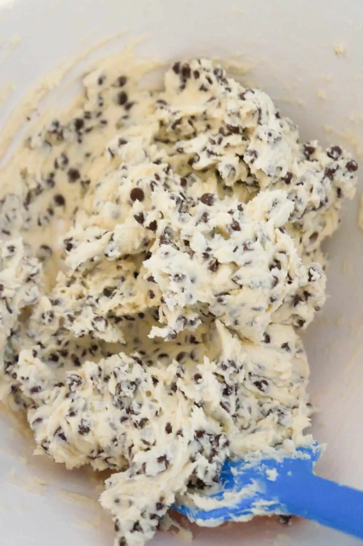 chocolate chip shortbread dough in a mixing bowl