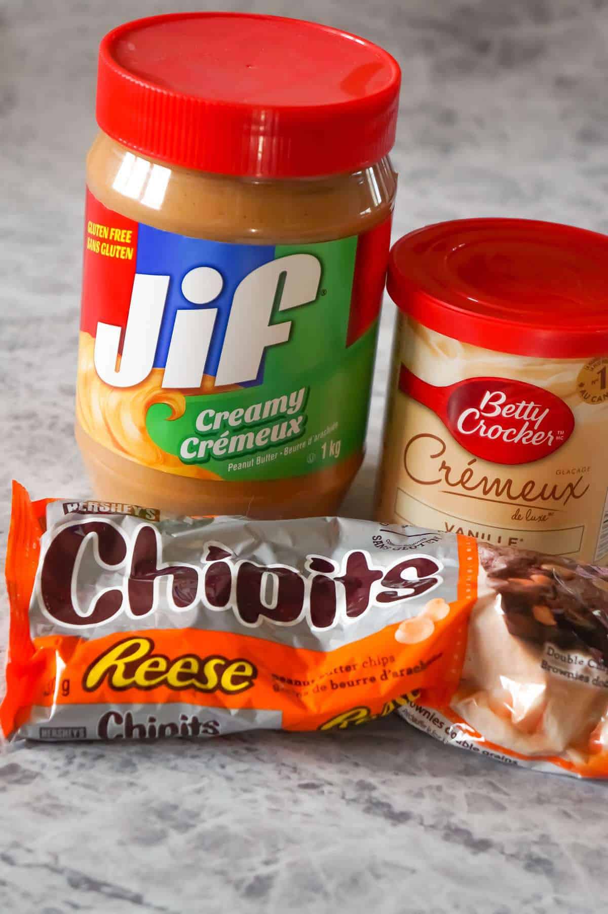 jif peanut butter, vanilla Betty Crocker frosting and Reese peanut butter baking chips