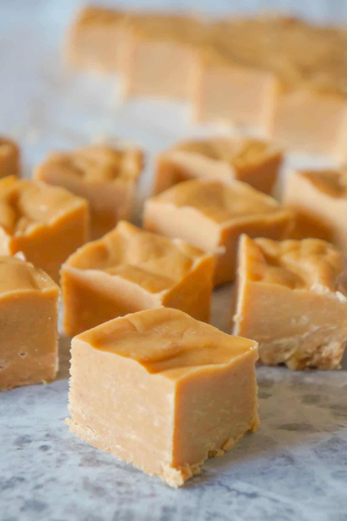 Easy Peanut Butter Fudge is an easy three ingredient microwave fudge recipe made with vanilla frosting, Reese's peanut butter baking chips and smooth peanut butter.