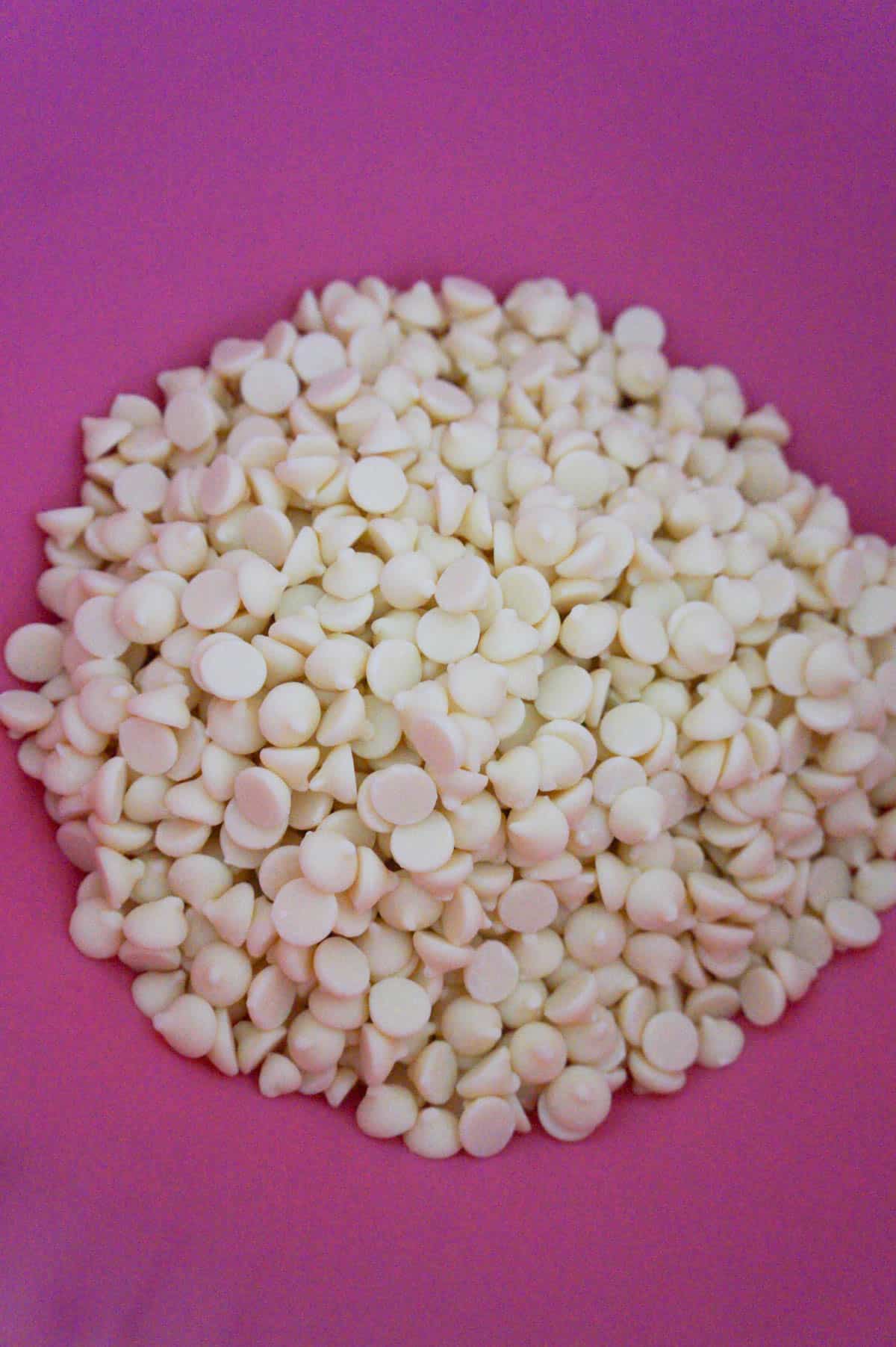 white chocolate chips in a mixing bowl