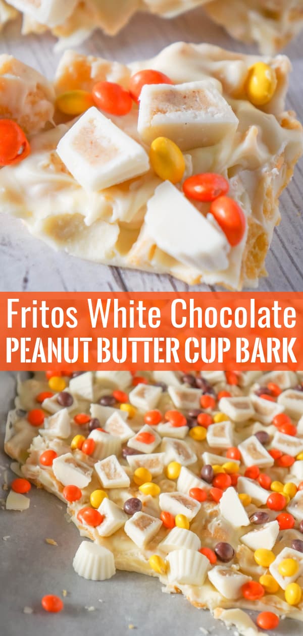 Fritos White Chocolate Peanut Butter Cup Bark is a sweet and salty dessert recipe made with white chocolate chips, Fritos corn chips, mini white chocolate Reese's peanut butter cups and mini Reese's pieces.