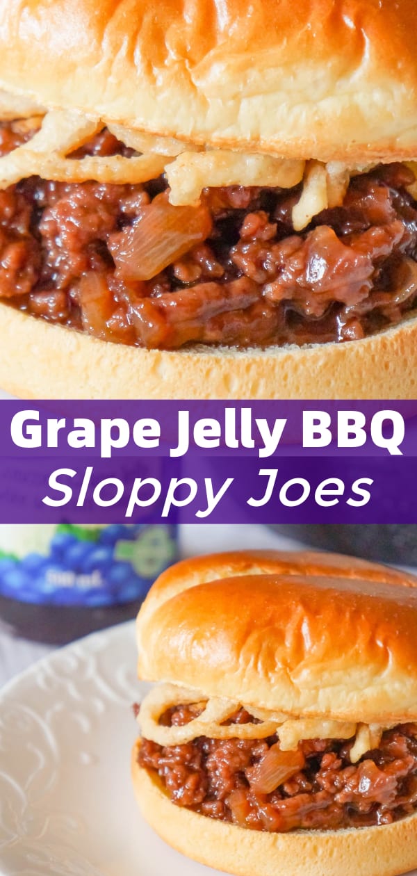 Grape Jelly BBQ Sloppy Joes are a fun twist on the classic sandwich. These tasty sloppy joes are made with ground beef tossed in a mixture of grape jelly and BBQ sauce and topped with French's crispy fried onions.