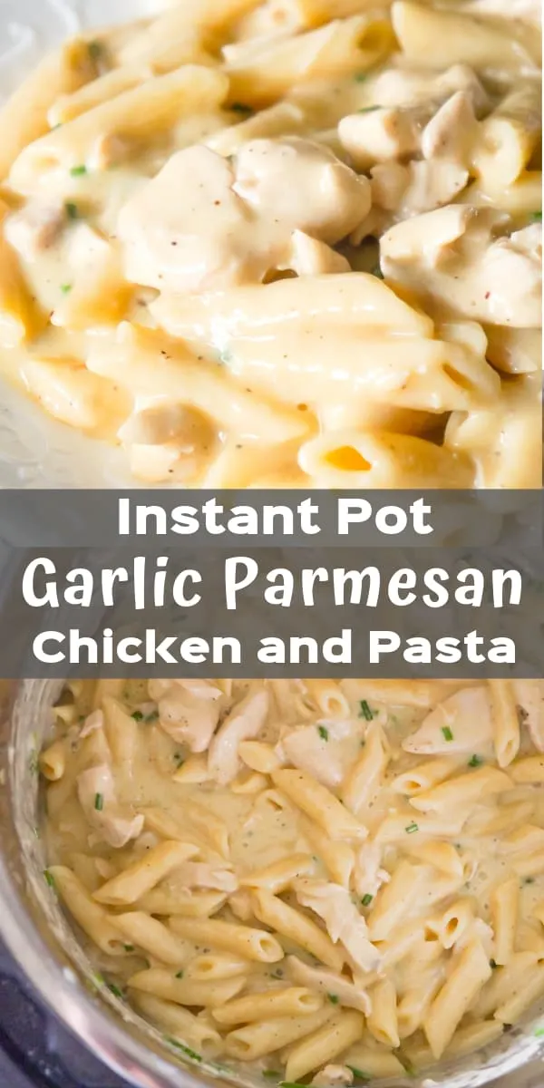 Instant Pot Garlic Parmesan Chicken and Pasta is a delicious pressure cooker pasta recipe loaded with chunks of chicken breast in a creamy Parmesan cheese sauce.