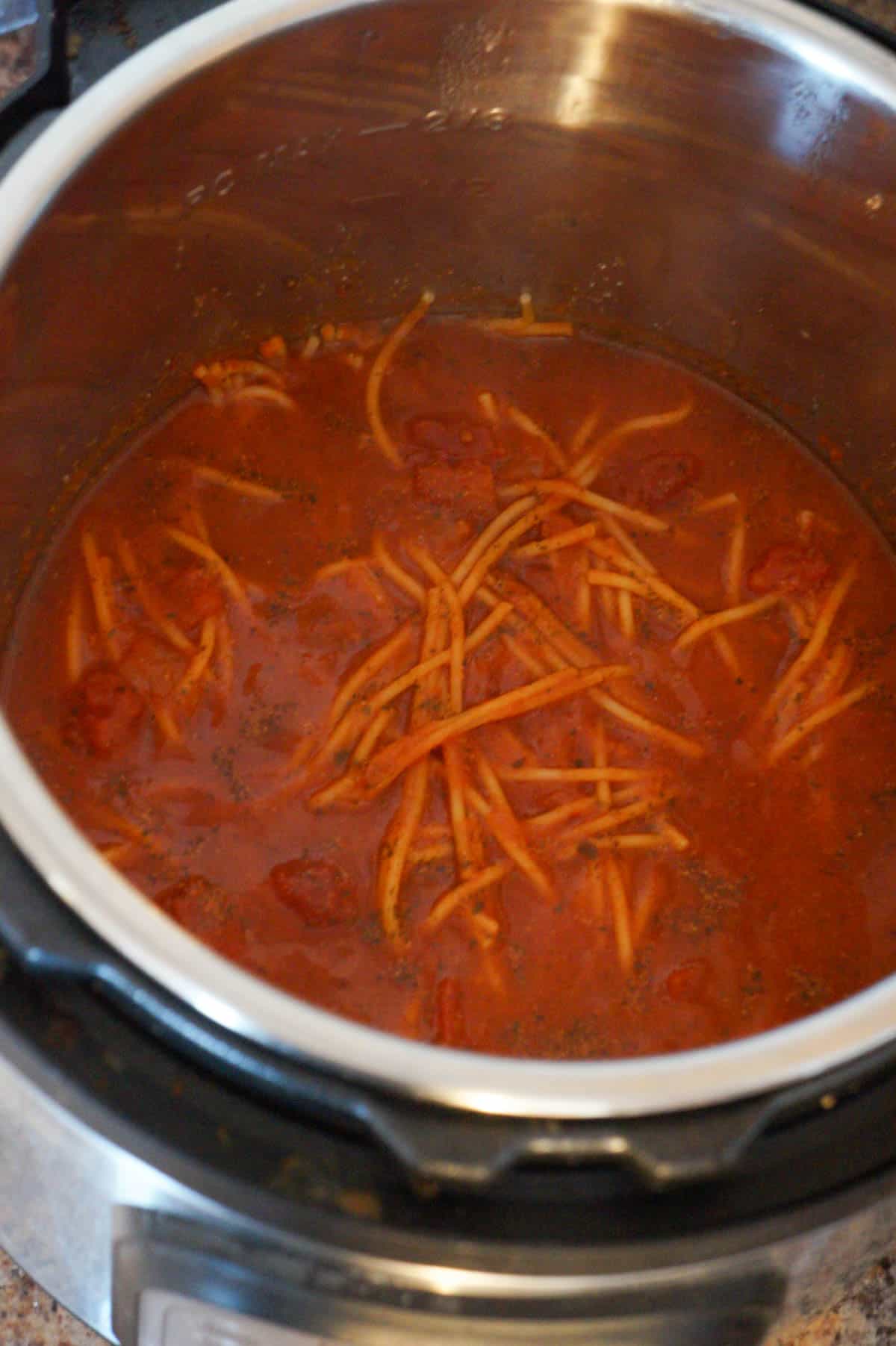 spaghetti and marinara sauce after cooking in an Instant Pot