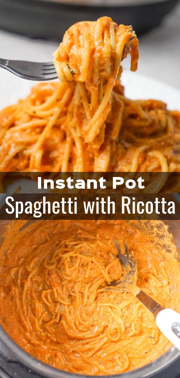 Instant Pot Spaghetti with Ricotta is an easy weeknight dinner recipe made with canned marinara sauce and loaded with mozzarella, cheddar and ricotta cheese.