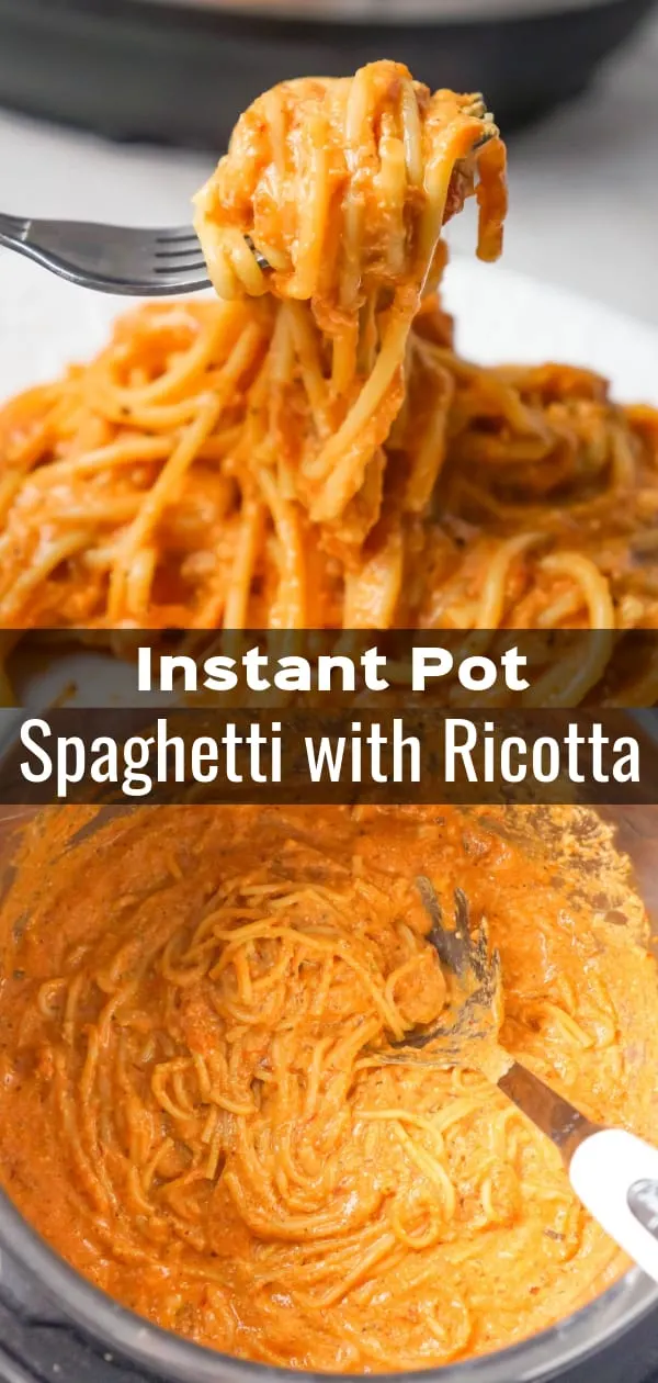 Instant Pot Spaghetti with Ricotta is an easy weeknight dinner recipe made with canned marinara sauce and loaded with mozzarella, cheddar and ricotta cheese.