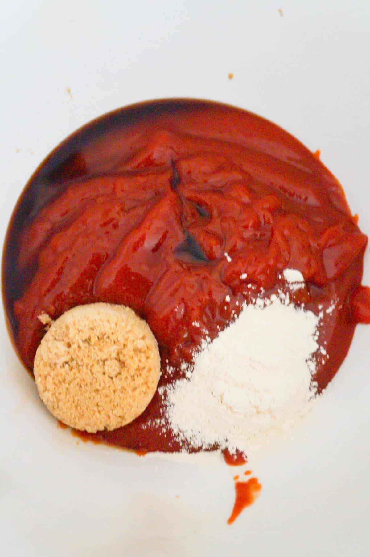 ketchup, Worcestershire sauce, brown sugar and onion powder in a mixing bowl