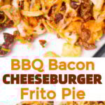 BBQ Bacon Cheeseburger Frito Pie is a delicious casserole with a base of Fritos corn chips, topped with ground beef and bacon crumble tossed in BBQ sauce, topped with shredded cheese and French's fried onions.