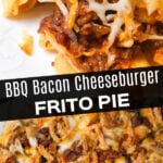 BBQ Bacon Cheeseburger Frito Pie is a delicious casserole with a base of Fritos corn chips, topped with ground beef and bacon crumble tossed in BBQ sauce, topped with shredded cheese and French's fried onions.