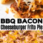 BBQ Bacon Cheeseburger Frito Pie is a delicious casserole with a base of Fritos corn chips, topped with ground beef and bacon crumble tossed in BBQ sauce, topped with shredded cheese and French's fried onions.