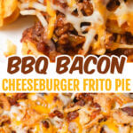 BBQ Bacon Cheeseburger Frito Pie is a delicious casserole with a base of Fritos corn chips, topped with ground beef and bacon crumble tossed in BBQ sauce, topped with shredded cheese and French's fried onions.