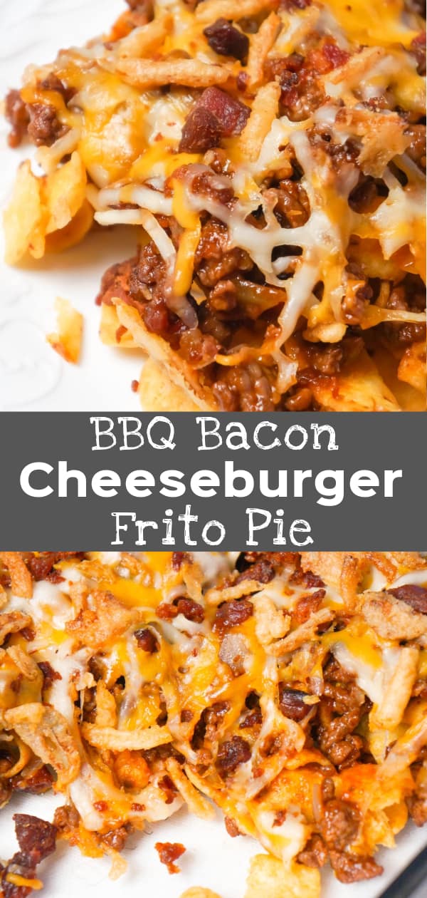 BBQ Bacon Cheeseburger Frito Pie is a delicous casserole with a base of Fritos corn chips, topped with ground beef and bacon crumble tossed in BBQ sauce, shredded cheese and French's fried onions.