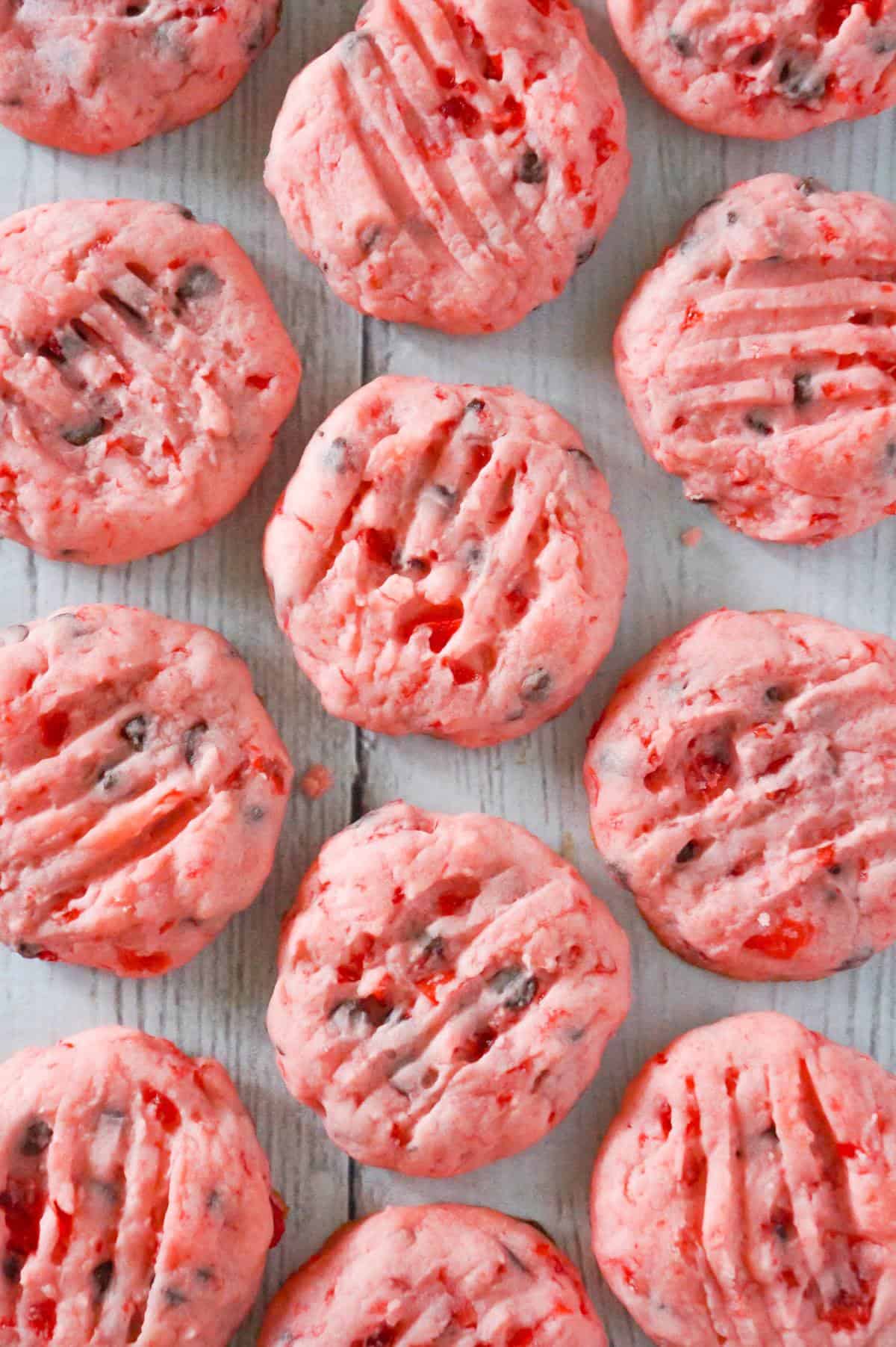 Cherry Chocolate Chip Shortbread Cookies are soft, buttery cookies loaded with chopped maraschino cherries and mini chocolate chips.