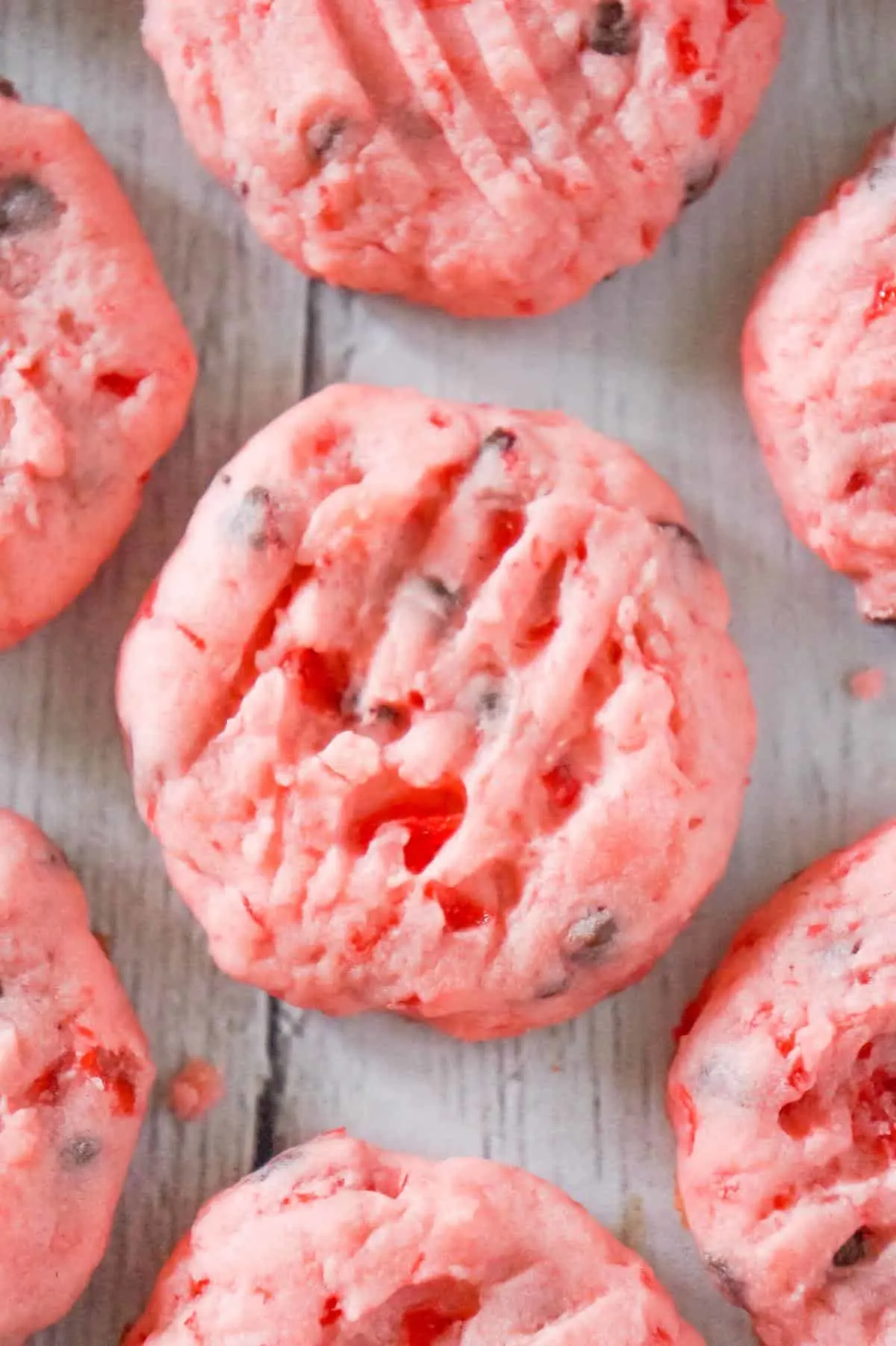 Cherry Chocolate Chip Shortbread Cookies are soft, buttery cookies loaded with chopped maraschino cherries and mini chocolate chips.