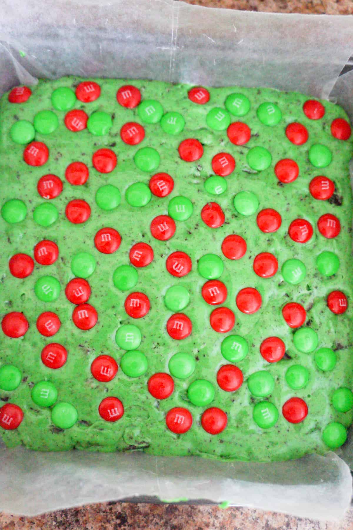 green fudge topped with red and green m and m's
