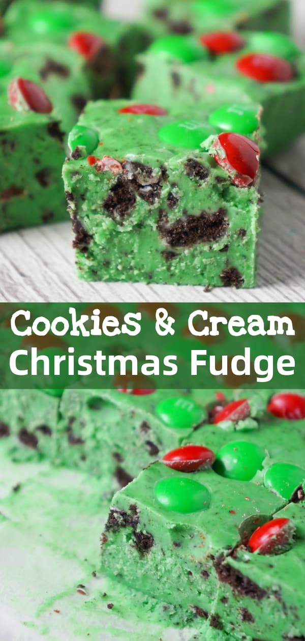 Cookies and Cream Christmas Fudge is an easy microwave fudge recipe made with vanilla frosting, white chocolate chips, green food colouring, crumbled Oreos and topped with red and green M&M's.