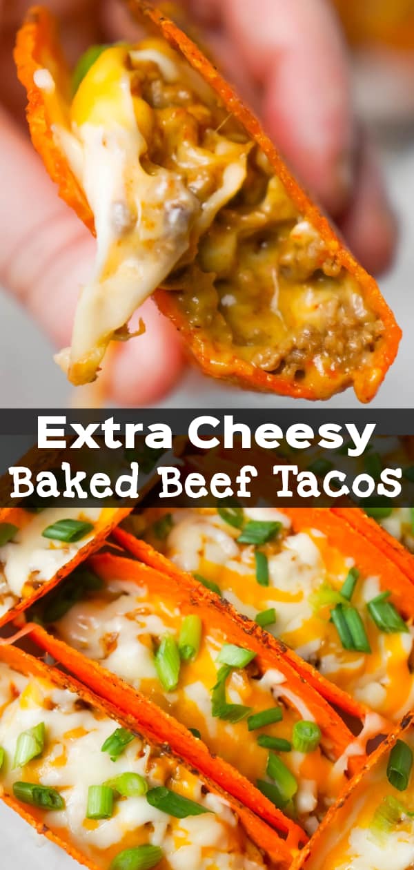 Extra Cheesy Baked Beef Tacos are an easy weeknight dinner recipe using ground beef, salsa con queso cheese dip, shredded mozzarella and cheddar and nacho cheese flavoured stand and stuff taco shells.