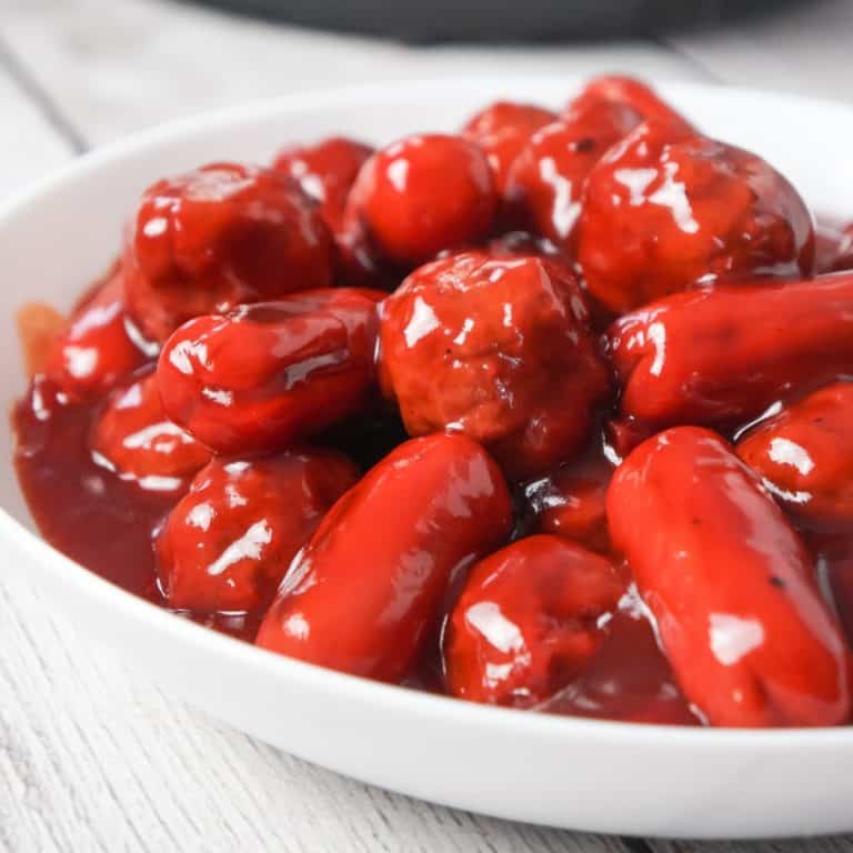 Instant Pot Cherry BBQ Meatballs and Cocktail Wieners are a delicous party snack made with cherry pie filling, Sweet Baby Ray's BBQ sauce and Thai sweet chili sauce.
