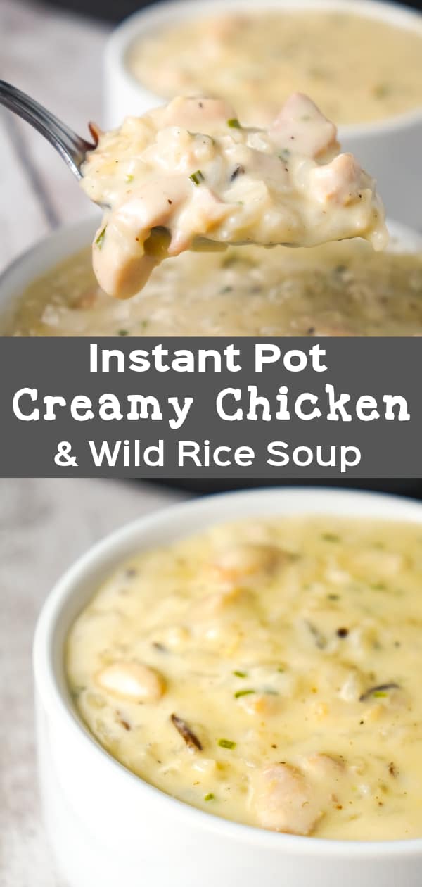 Instant Pot Chicken and Wild Rice Soup is a hearty, creamy soup recipe loaded with chunks of chicken and a long grain and wild rice blend.