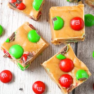 Peanut Butter Christmas Fudge is an easy microwave fudge recipe loaded with festive red and green M&M's.