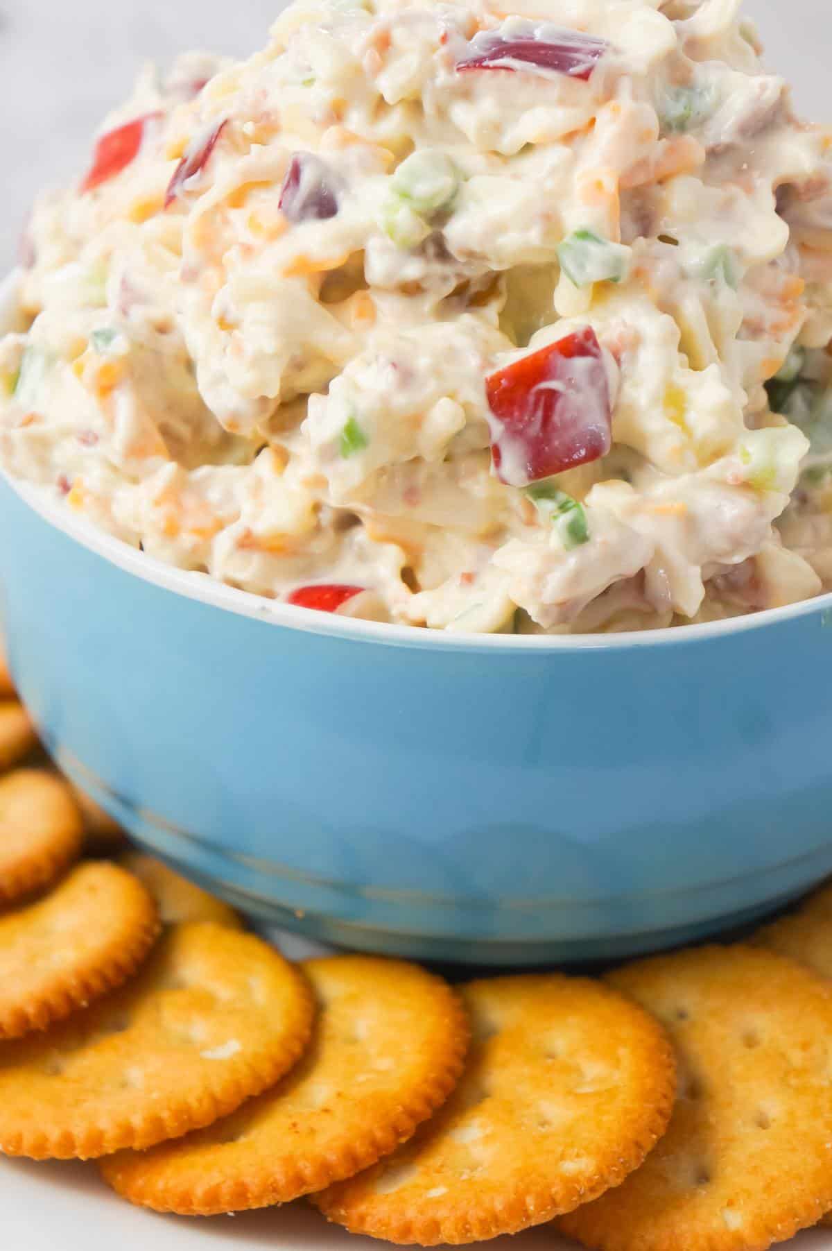 Bacon Apple Cheddar Dip is an easy cold party dip recipe loaded with diced apples, crumbled bacon, chopped walnuts, green onions and shredded cheddar cheese.