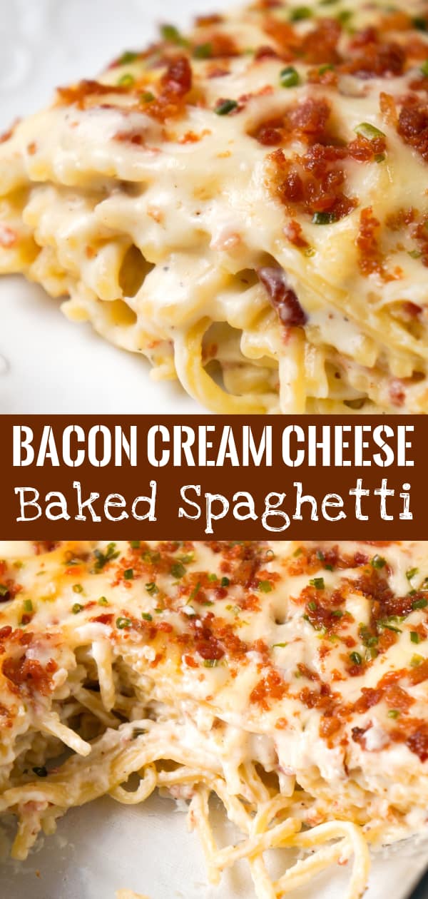 Bacon Cream Cheese Baked Spaghetti is a delicious pasta recipe loaded with crumbled bacon, Philadelphia Whipped Chive cream cheese and mozzarella cheese.