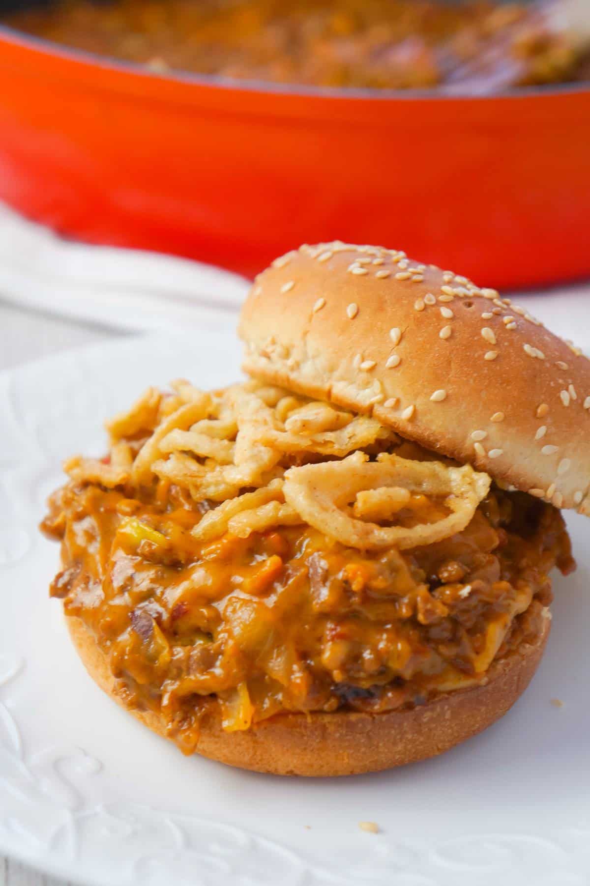 BBQ Bacon Cheeseburger Sloppy Joes are a delicious ground beef dinner loaded with crumbled bacon, BBQ sauce, salsa con queso and cheddar cheese.