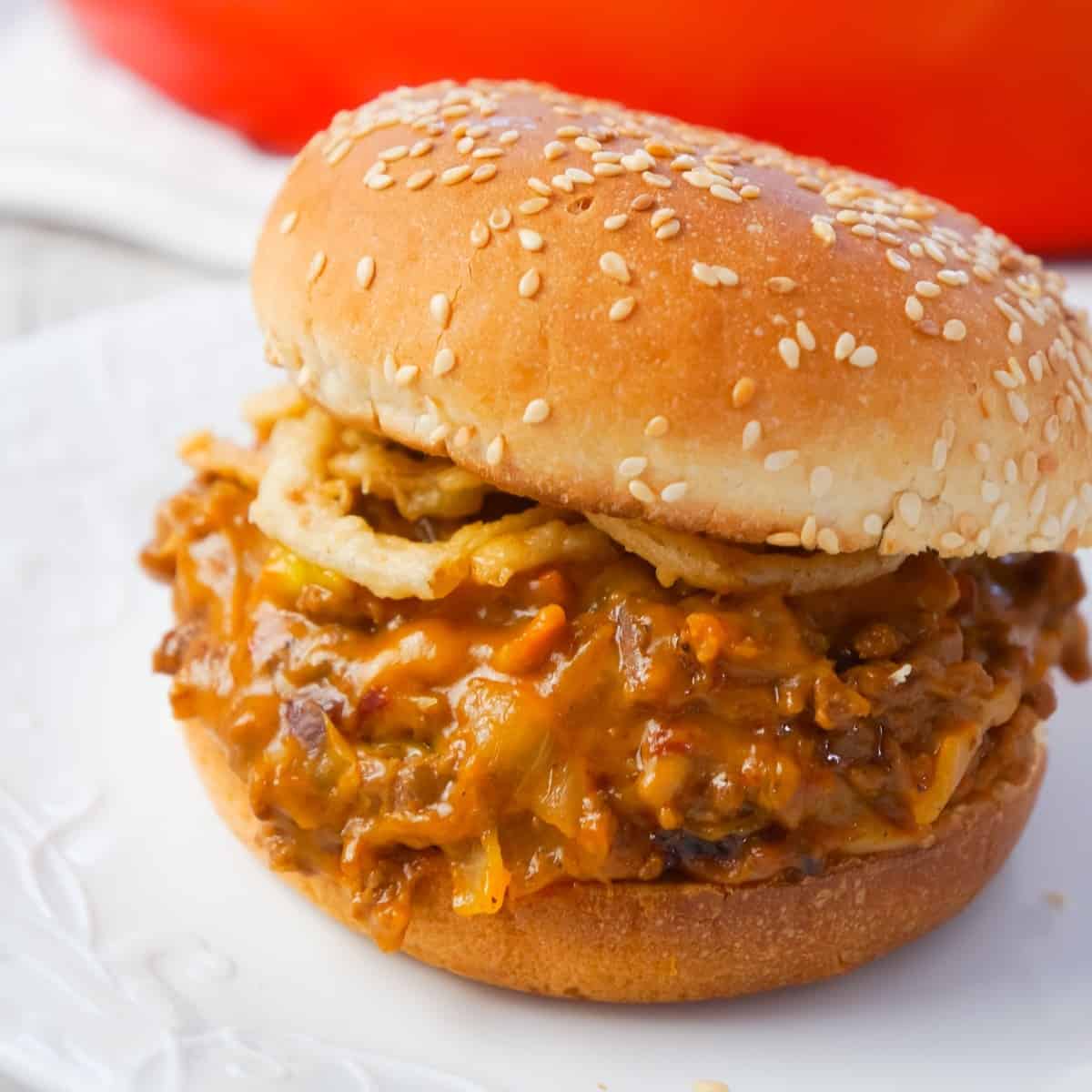 BBQ Bacon Cheeseburger Sloppy Joes are a delicious ground beef dinner loaded with crumbled bacon, BBQ sauce, salsa con queso and cheddar cheese.