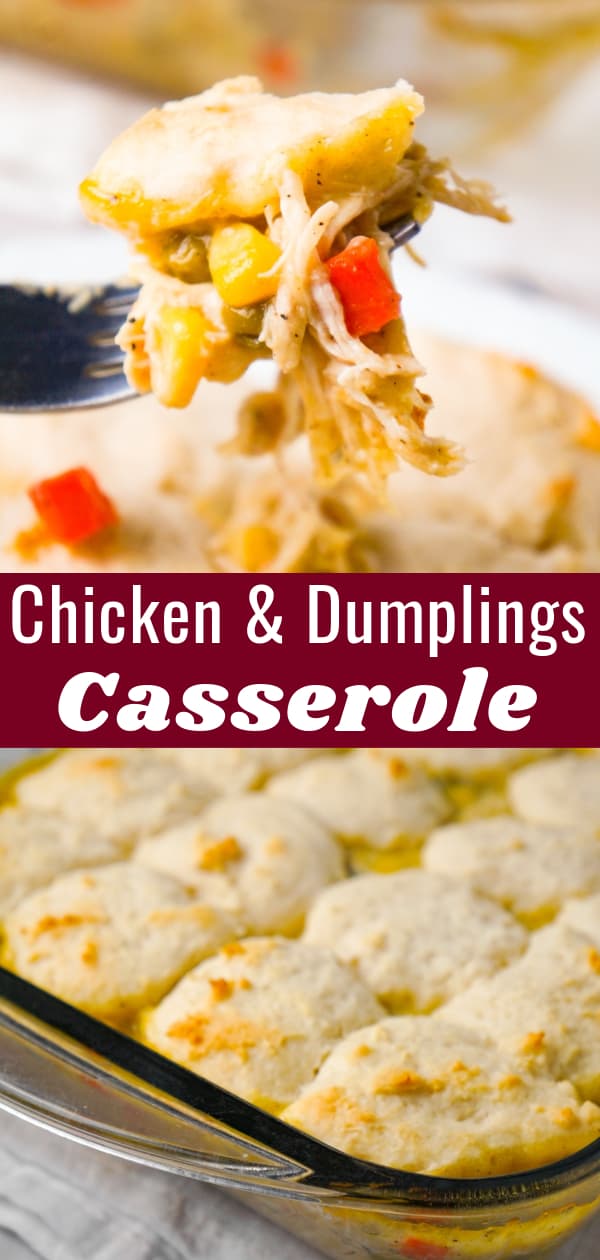 Chicken and Dumplings Casserole is an easy dinner recipe using shredded rotisserie chicken, cream of chicken soup, canned veggies and Bisquick.