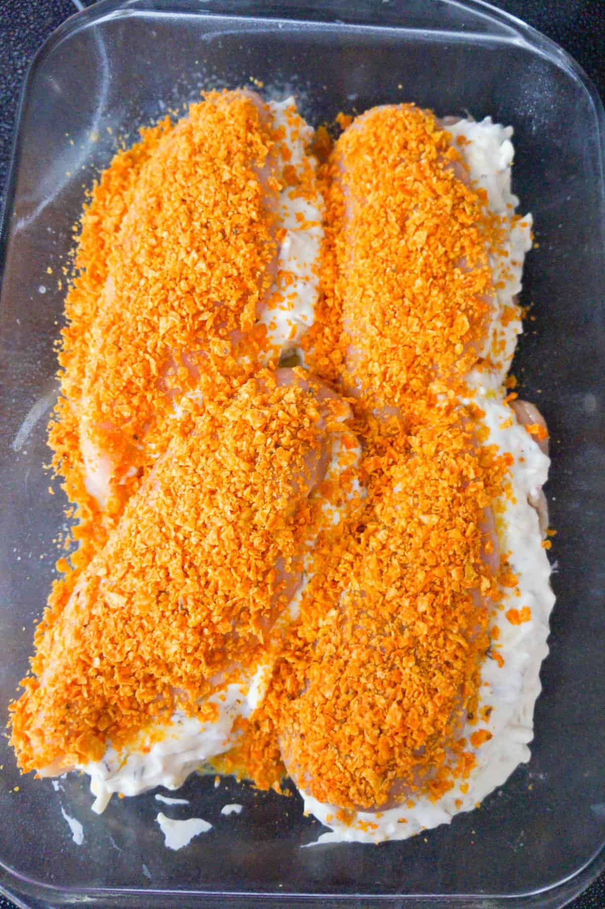 Doritos coated chicken breasts before baking