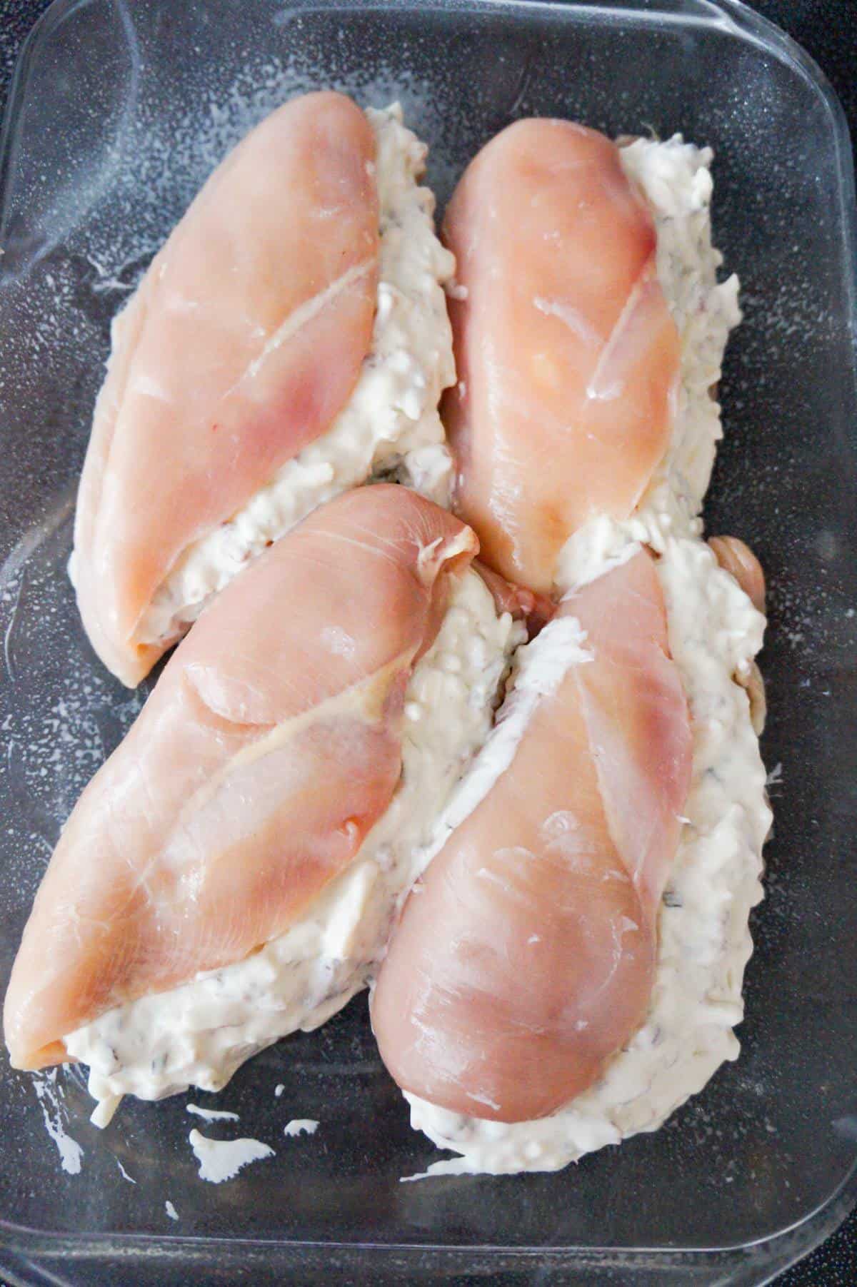 cream cheese and bacon stuffed chicken breasts before baking