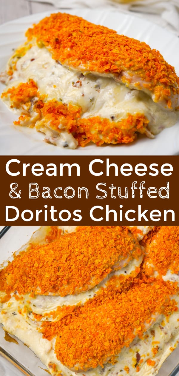 Cream Cheese and Bacon Stuffed Doritos Chicken is a delcious stuffed chicken breast recipe made with chive and onion cream cheese, cream of bacon soup, cumbled bacon and crushed Doritos.