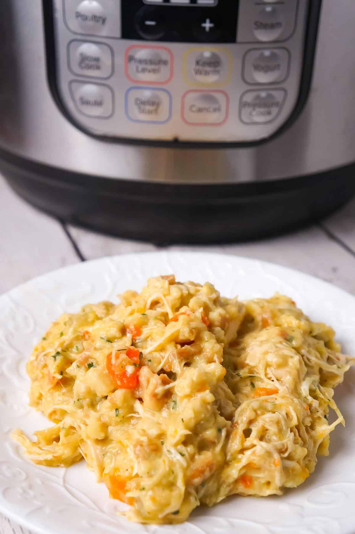 Instant Pot Chicken and Stuffing Casserole is an easy pressure cooker chicken recipe using boneless, skinless chicken breast, chopped veggies, cheddar cheese and stove top stuffing mix.