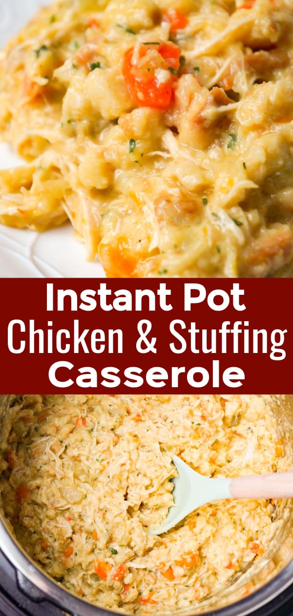 Instant Pot Chicken and Stuffing Casserole is an easy pressure cooker chicken recipe using boneless, skinless chicken breast, chopped veggies, cheddar cheese and stove top stuffing mix.