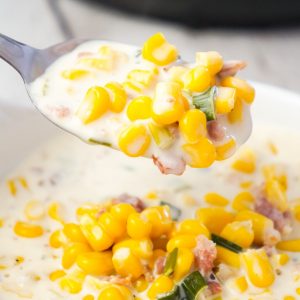 Instant Pot Corn Chowder with Cream Cheese and Bacon is a hearty soup recipe loaded with corn, crumbled bacon, Philadelphia whipped chive cream cheese and chopped green onions.