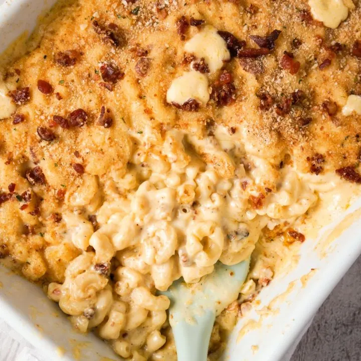 Mac and Cheese with Bacon is a creamy baked macaroni and cheese recipe made with Campbell's condensed cream of bacon soup and loaded with crumbled bacon.