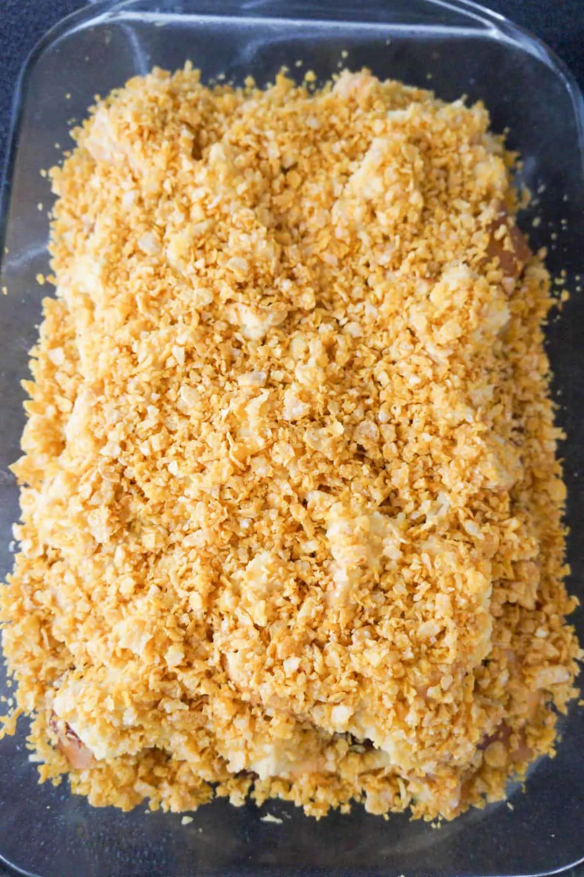 crushed Frosted Flakes on top of French toast casserole before baking