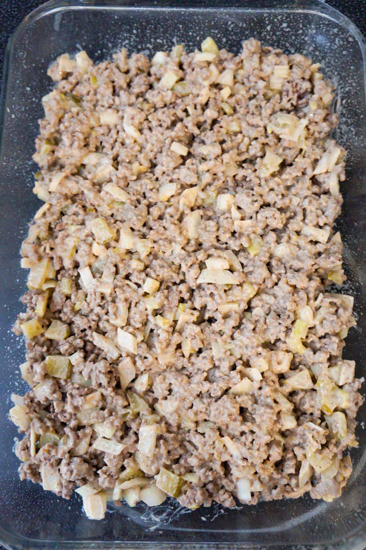 ground beef mixture in a baking dish