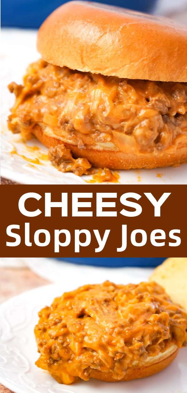 Cheesy Sloppy Joes are an easy weeknight dinner recipe using ground beef tossed in sloppy joe sauce, condensed cheddar cheese soup and shredded mozzarella and cheddar cheese all piled on to toasted brioche buns.