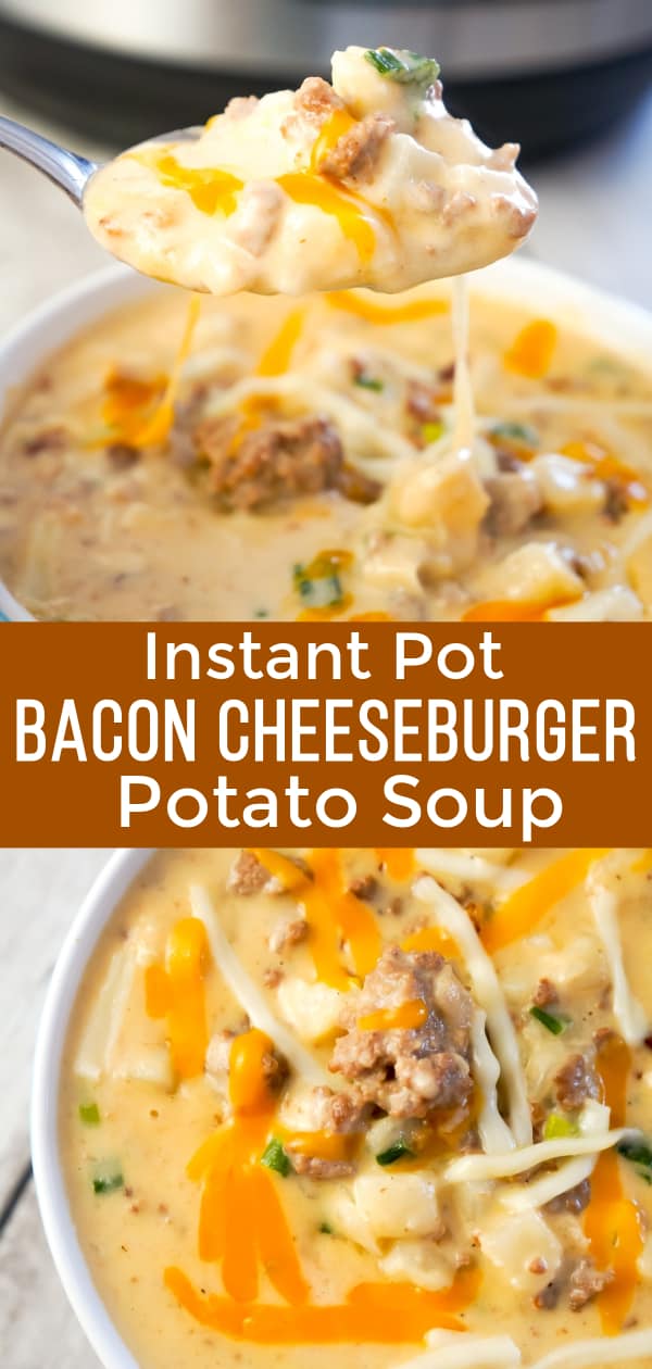 Instant Pot Bacon Cheeseburger Soup with Potatoes is a hearty pressure cooker soup recipe loaded with ground beef, crumbled bacon, diced hash brown potatoes, chopped green onions and cheddar cheese.