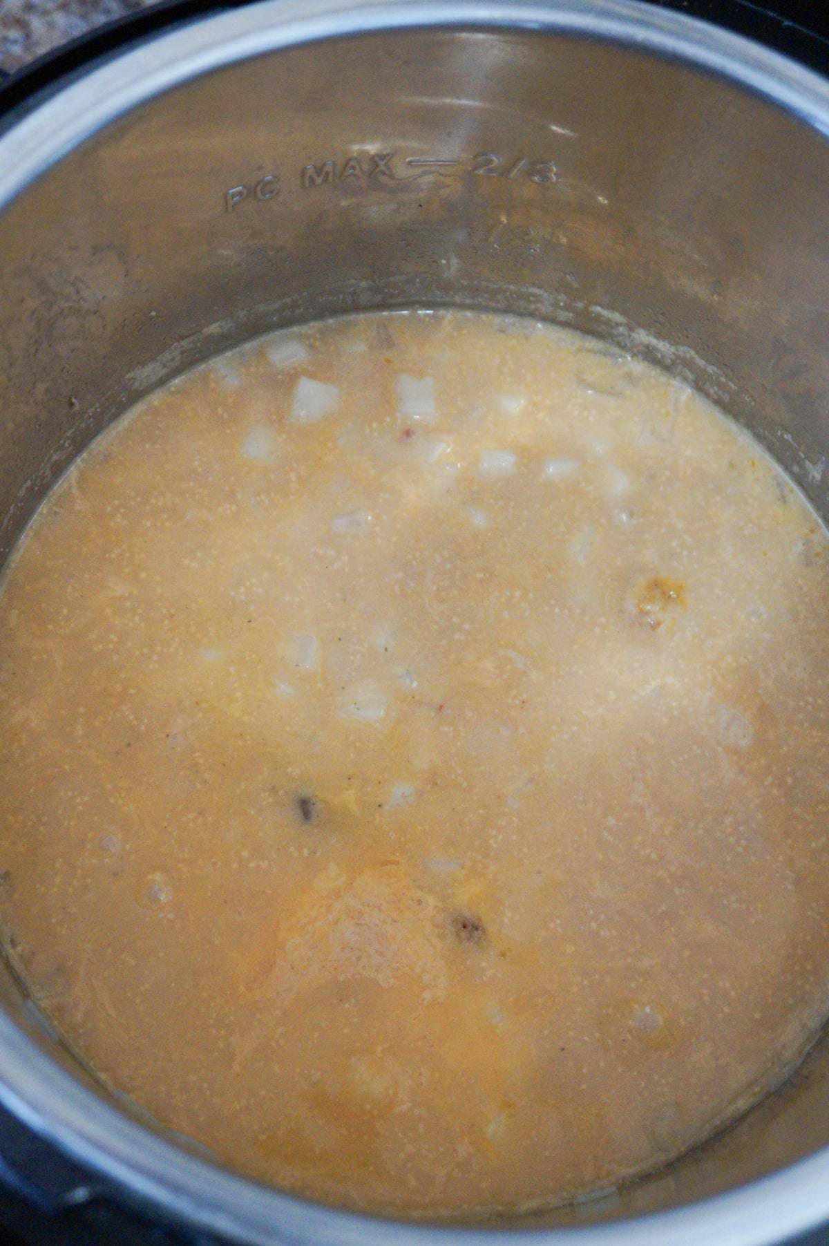 cheeseburger soup after pressure cooking in an Instant Pot