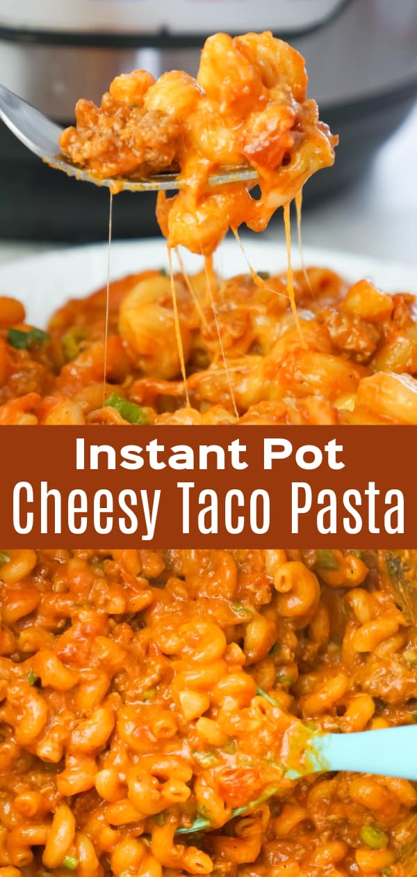 Instant Pot Cheesy Taco Pasta is a delicious pressure cooker pasta recipe loaded with ground beef, salsa, chili sauce, taco seasoning, chopped green onions and shredded cheese.