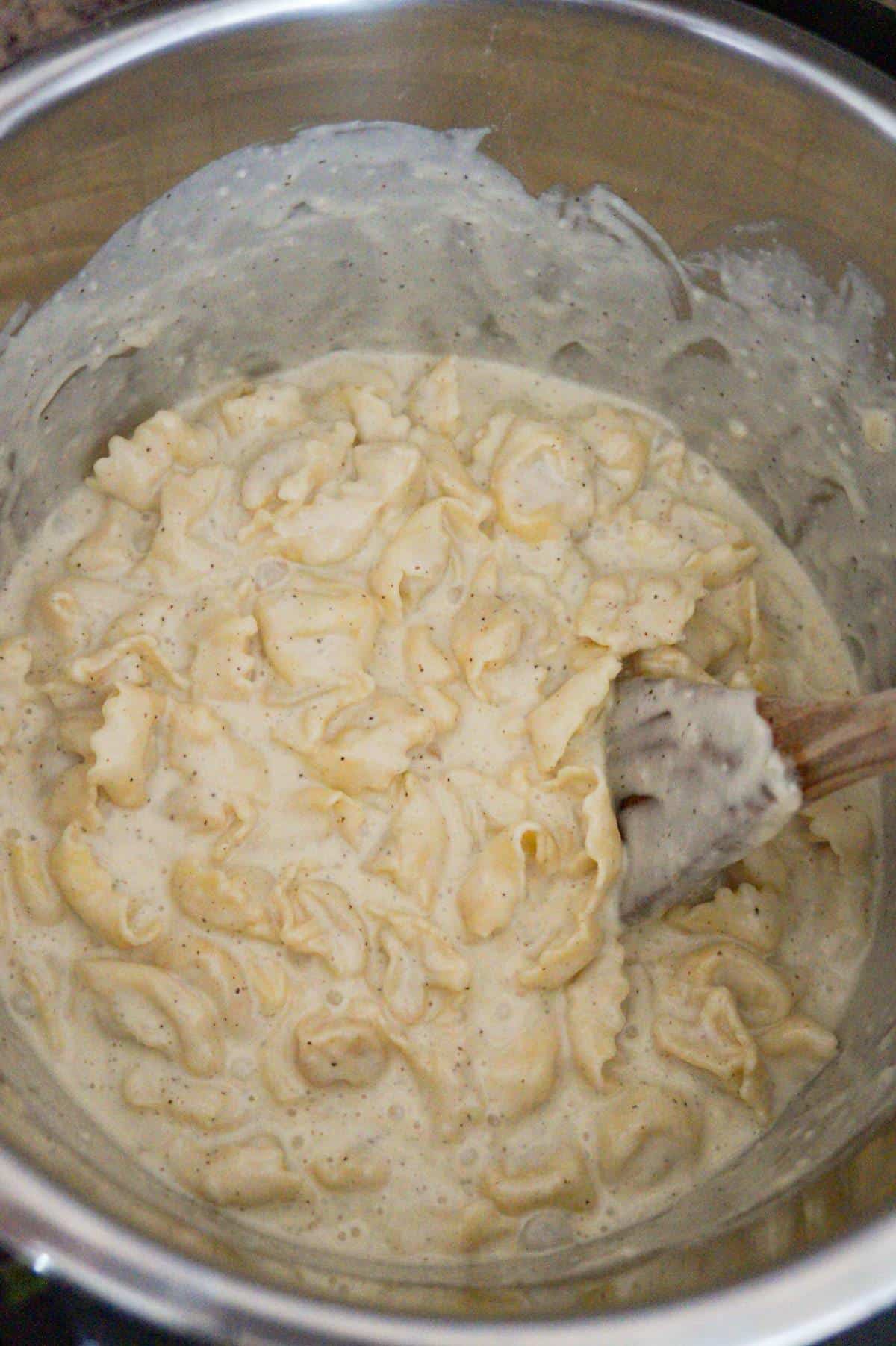 Instant Pot Tortellini Alfredo is a delicious pressure cooker pasta recipe made with refrigerated three cheese tortellini, garlic puree, heavy cream, mozzarella and Parmesan cheese.