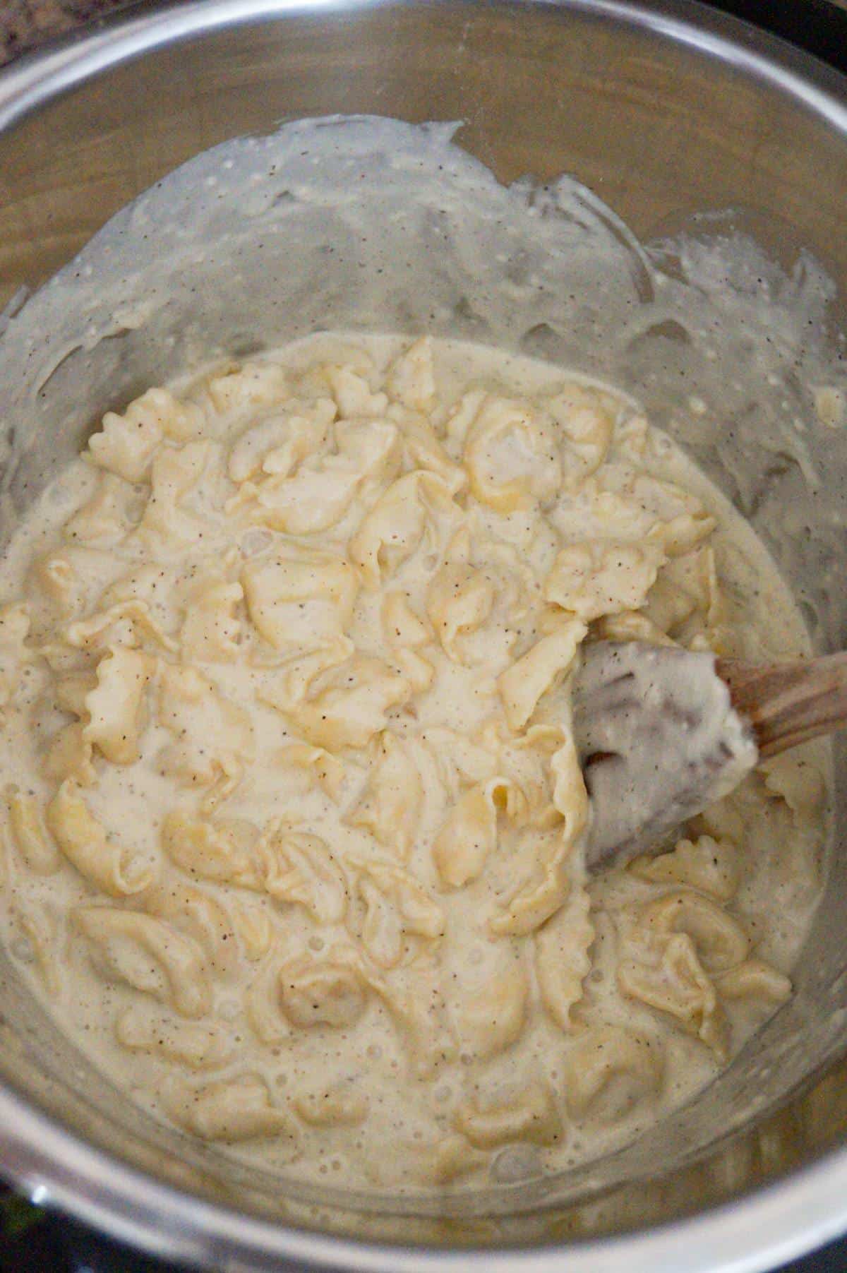 Instant Pot Tortellini Alfredo is a delicious pressure cooker pasta recipe made with refrigerated three cheese tortellini, garlic puree, heavy cream, mozzarella and Parmesan cheese.
