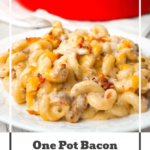 One Pot Bacon Cheeseburger Pasta is a creamy pasta recipe loaded with ground beef, crumbled bacon, mozzarella and cheddar cheese. Mac and Cheese / Easy Ground Beef Recipe / Easy Dinner Recipe